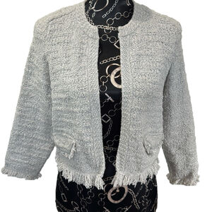 Tweed Jacket Frayed Trim Cropped Collarless 3/4 Sleeve